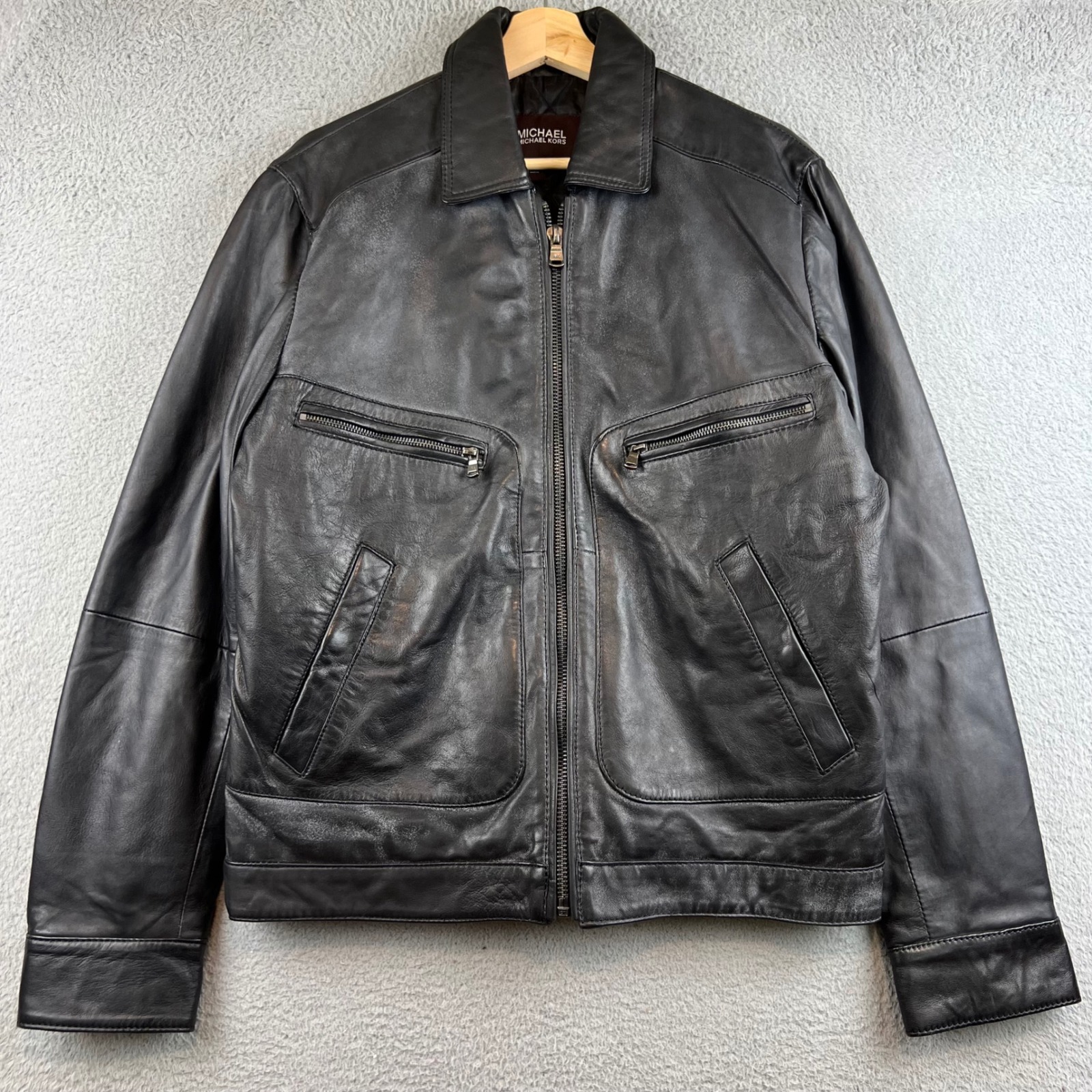 Michael Kors Mens Black Leather Full Zip Quilted Lined Moto Jacket Size M